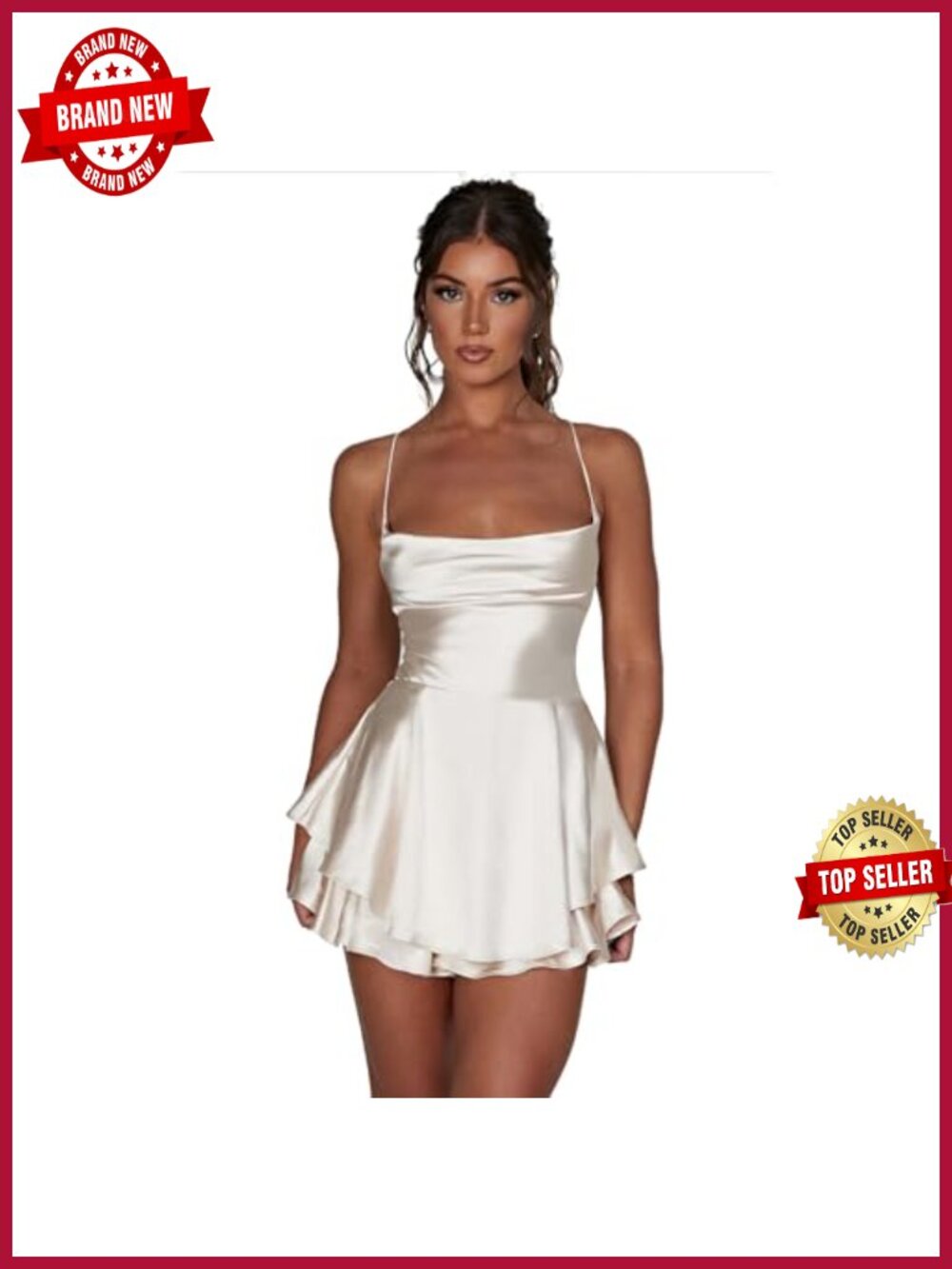 Women Satin Spaghetti Strap Backless Romper Dress Party Mini Jumpsuit
